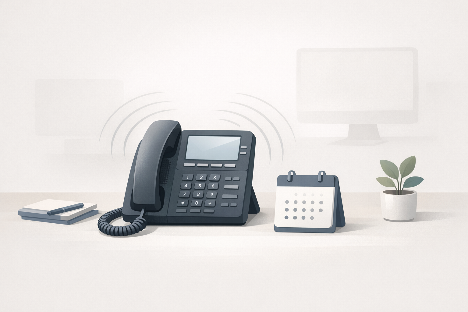 Conceptual illustration of a business phone with sound waves and a calendar, representing on-hold messaging that drives appointments