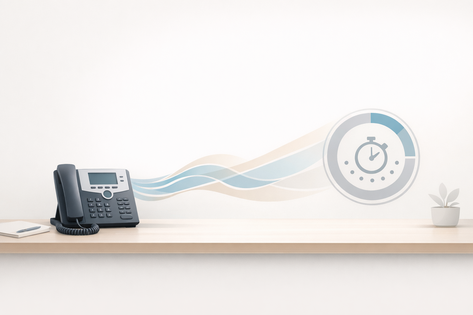 Conceptual illustration of a business phone with audio waves and a subtle queue timer motif