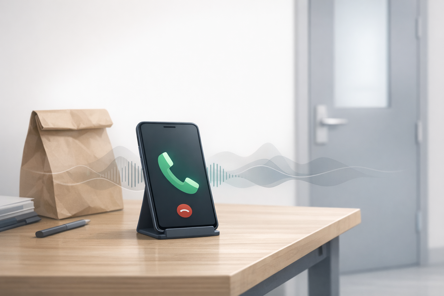 Conceptual illustration of a business phone receiving calls during lunch break with on-hold audio cues