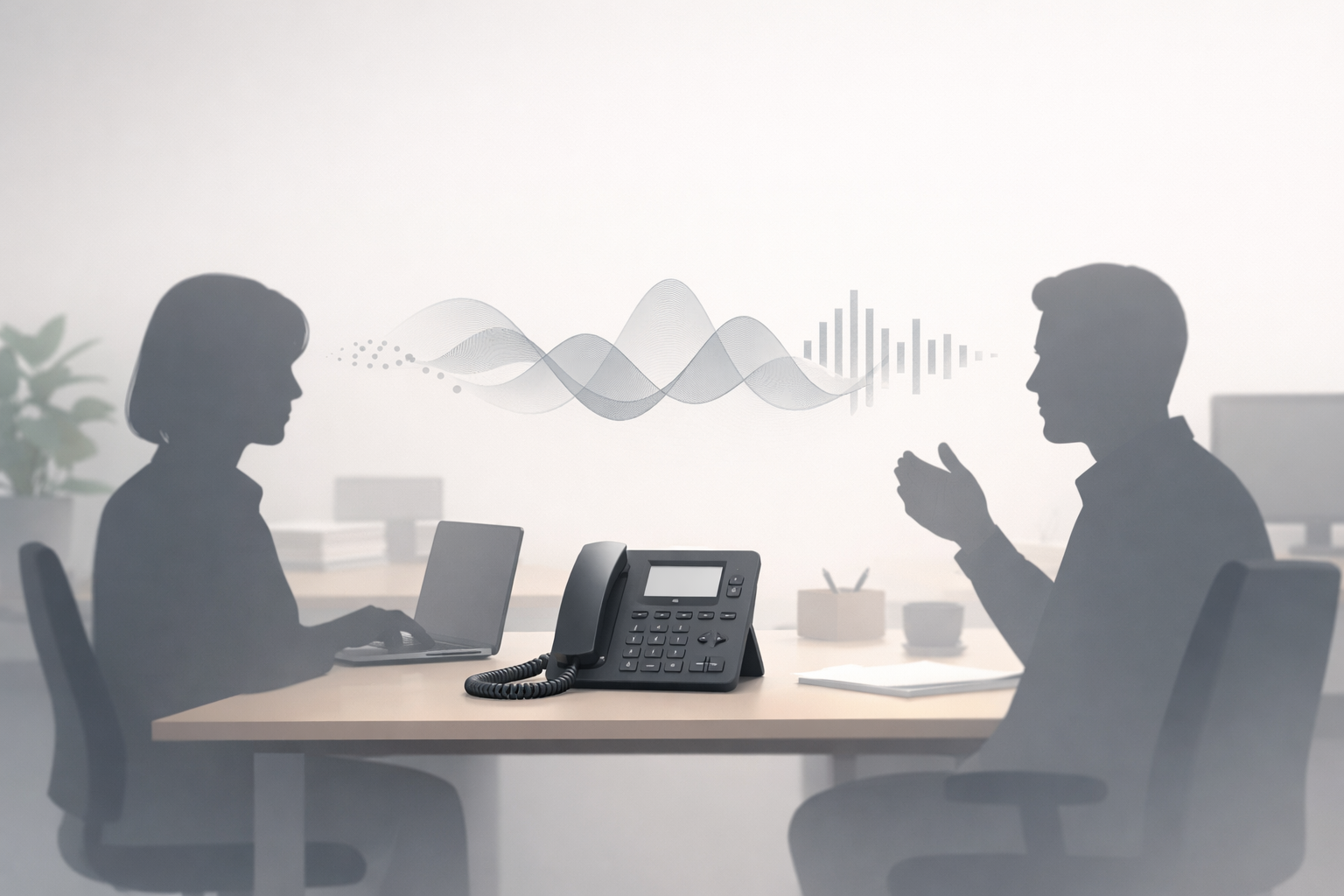 Conceptual illustration of a calm office team with a phone and simple audio wave shapes, neutral background