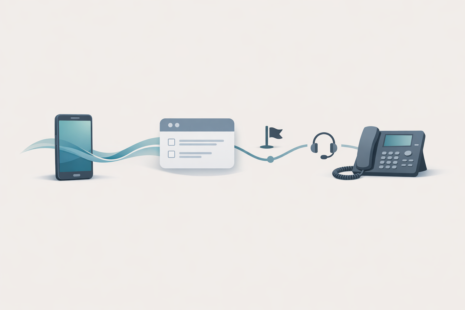Conceptual illustration of a helpdesk call turning into a structured support ticket with priority routing