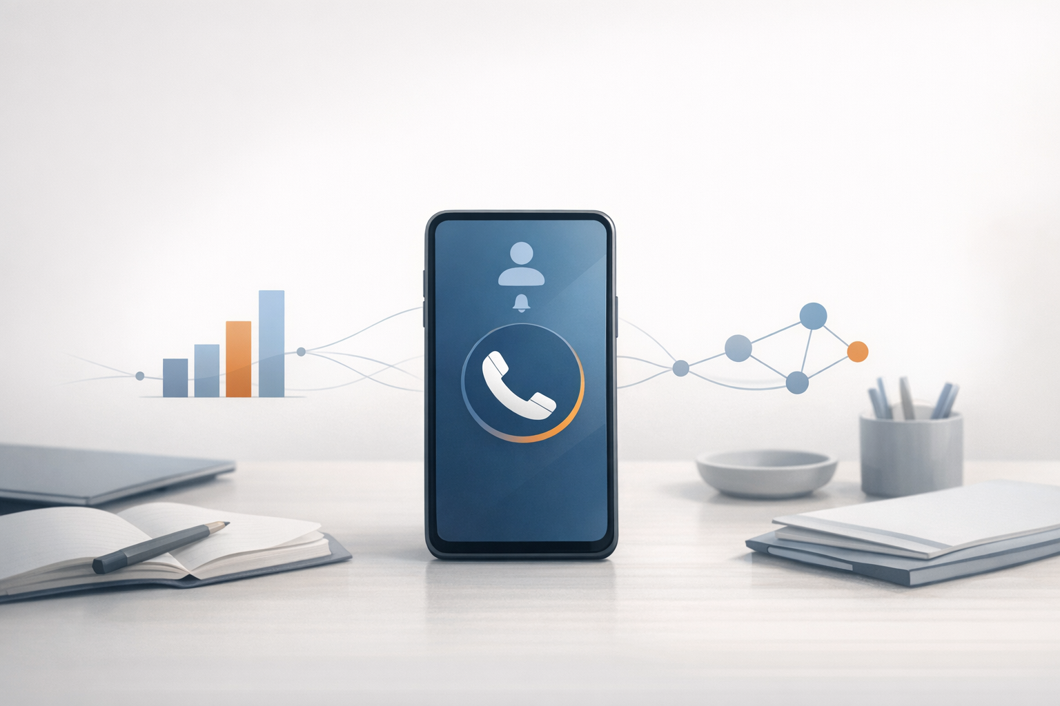 Conceptual illustration of a phone call connected to analytics to represent lead source attribution and customer call experience.