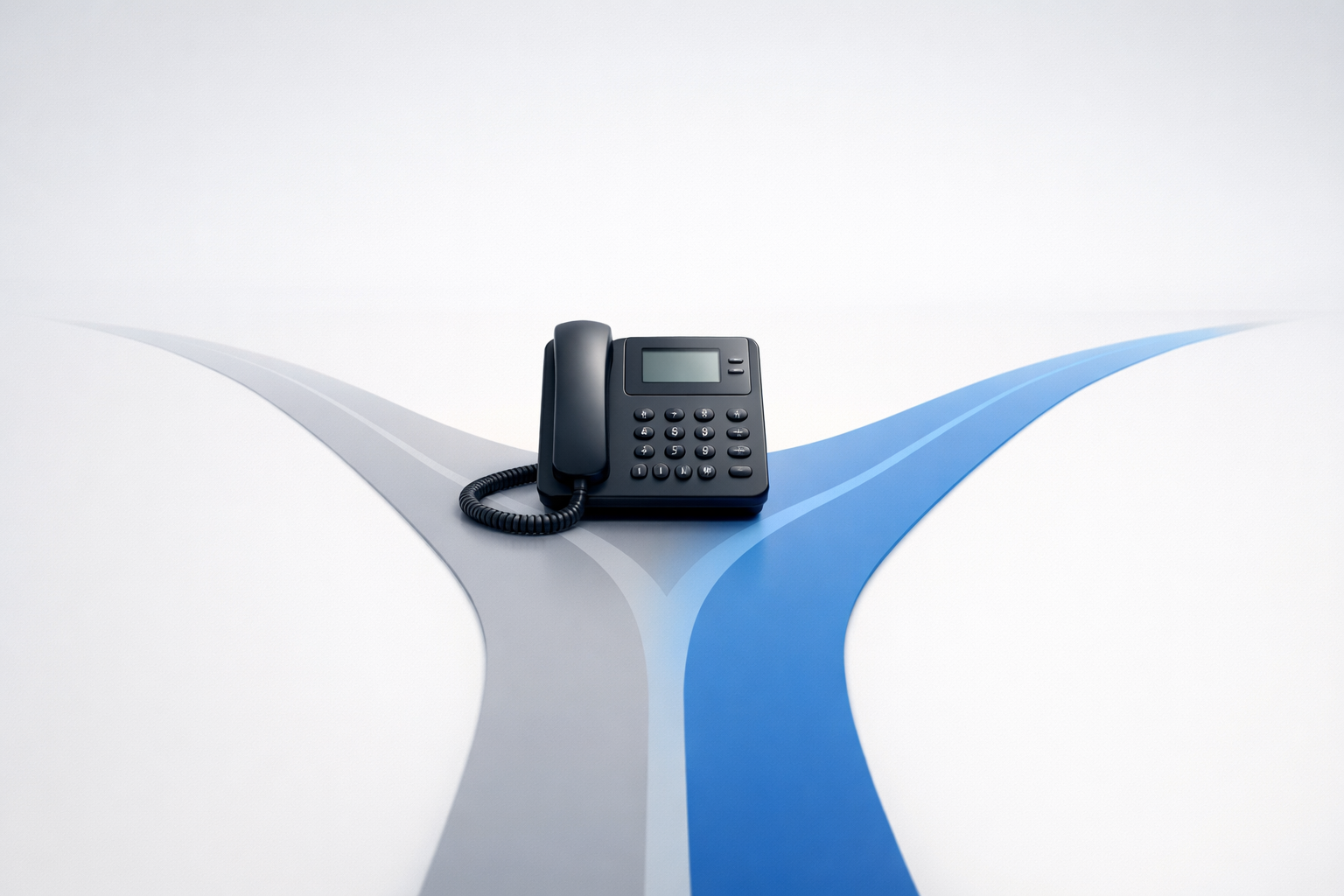Conceptual illustration of a desk phone with two diverging paths representing sales and support call routing