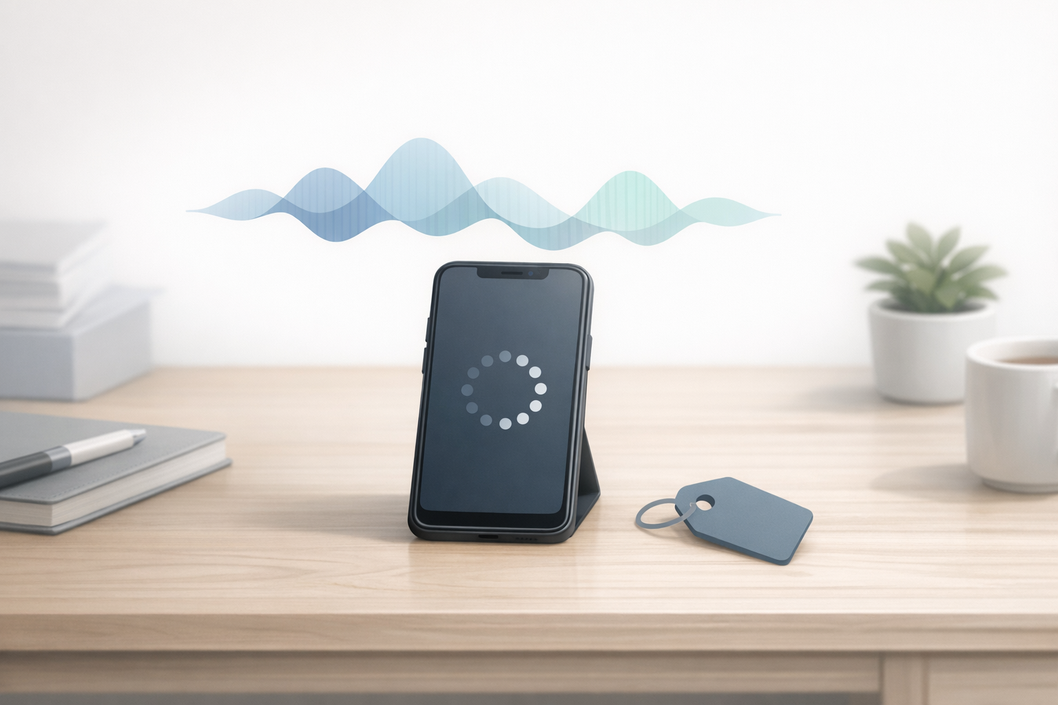 Conceptual illustration of a phone on hold with soundwaves and a pricing symbol, representing value framing during wait time.