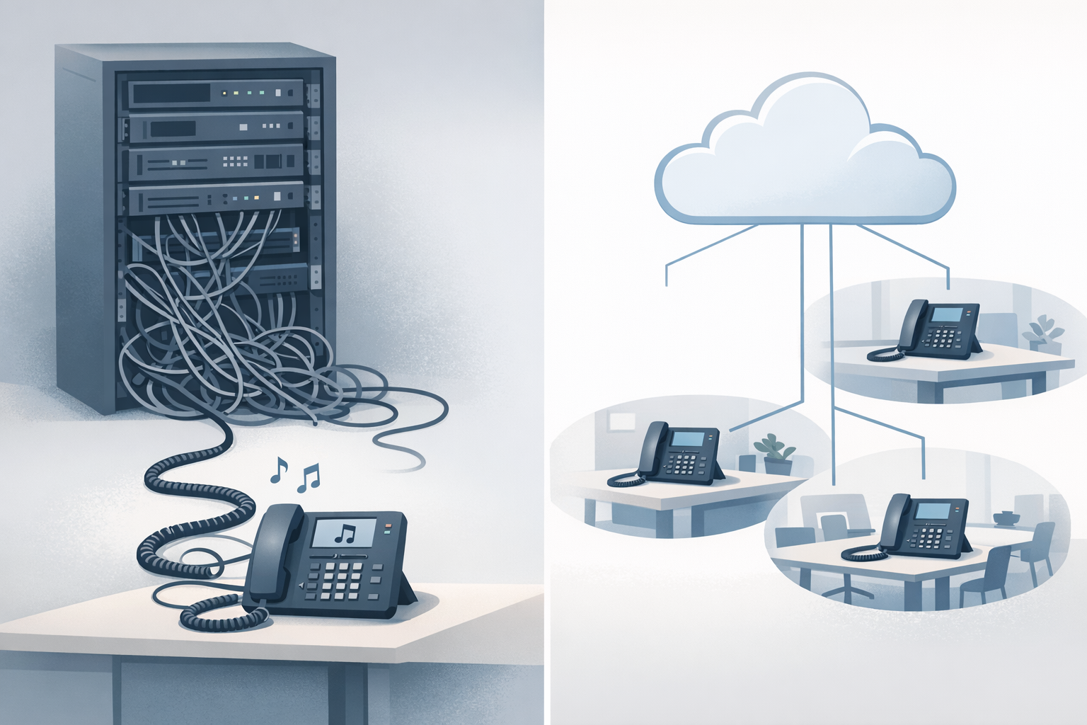 Conceptual illustration comparing legacy PBX on-hold setup with a cloud-managed on-hold messaging system