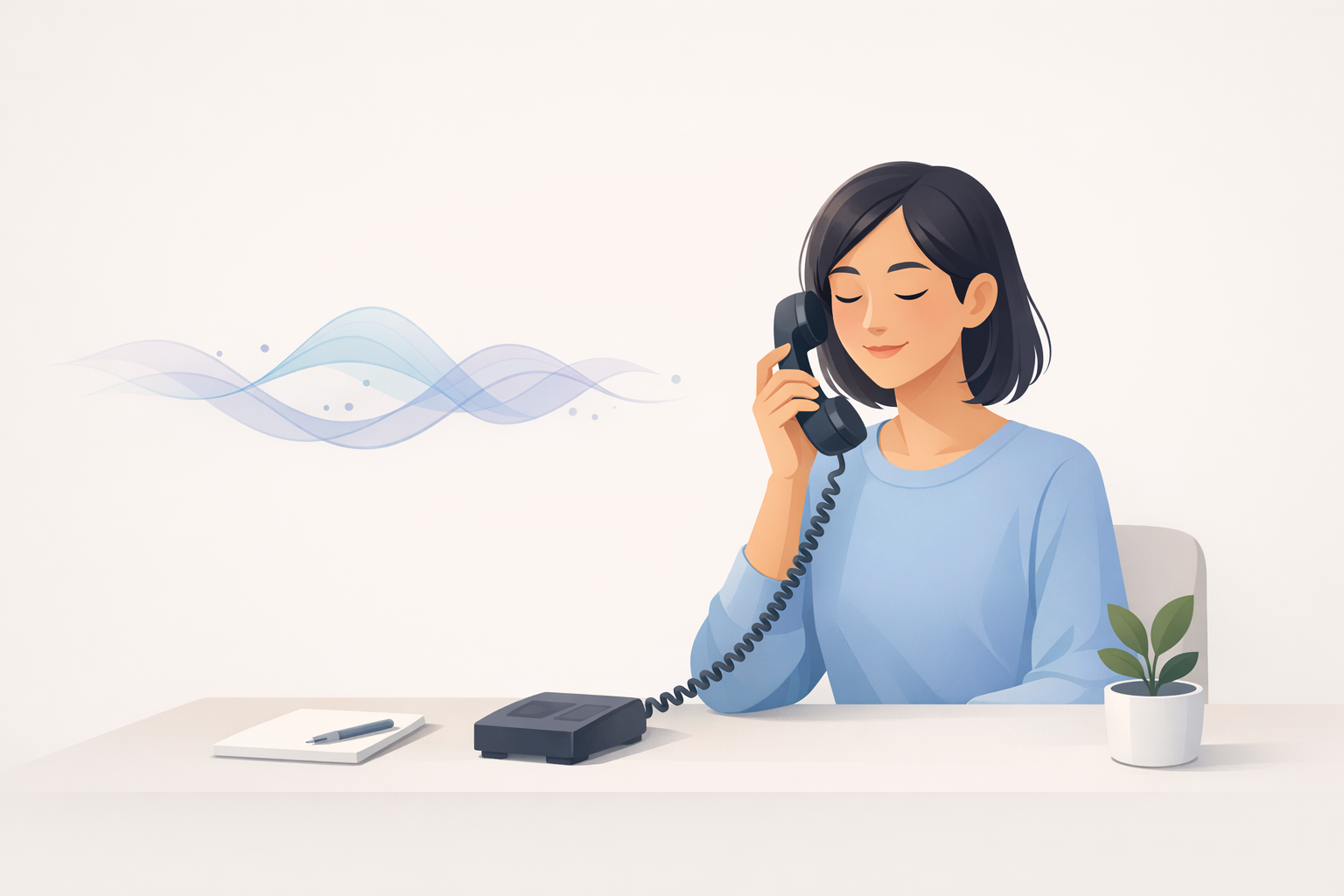 Inline image: conceptual illustration of a calm caller at a desk with a phone and subtle audio waves, neutral background