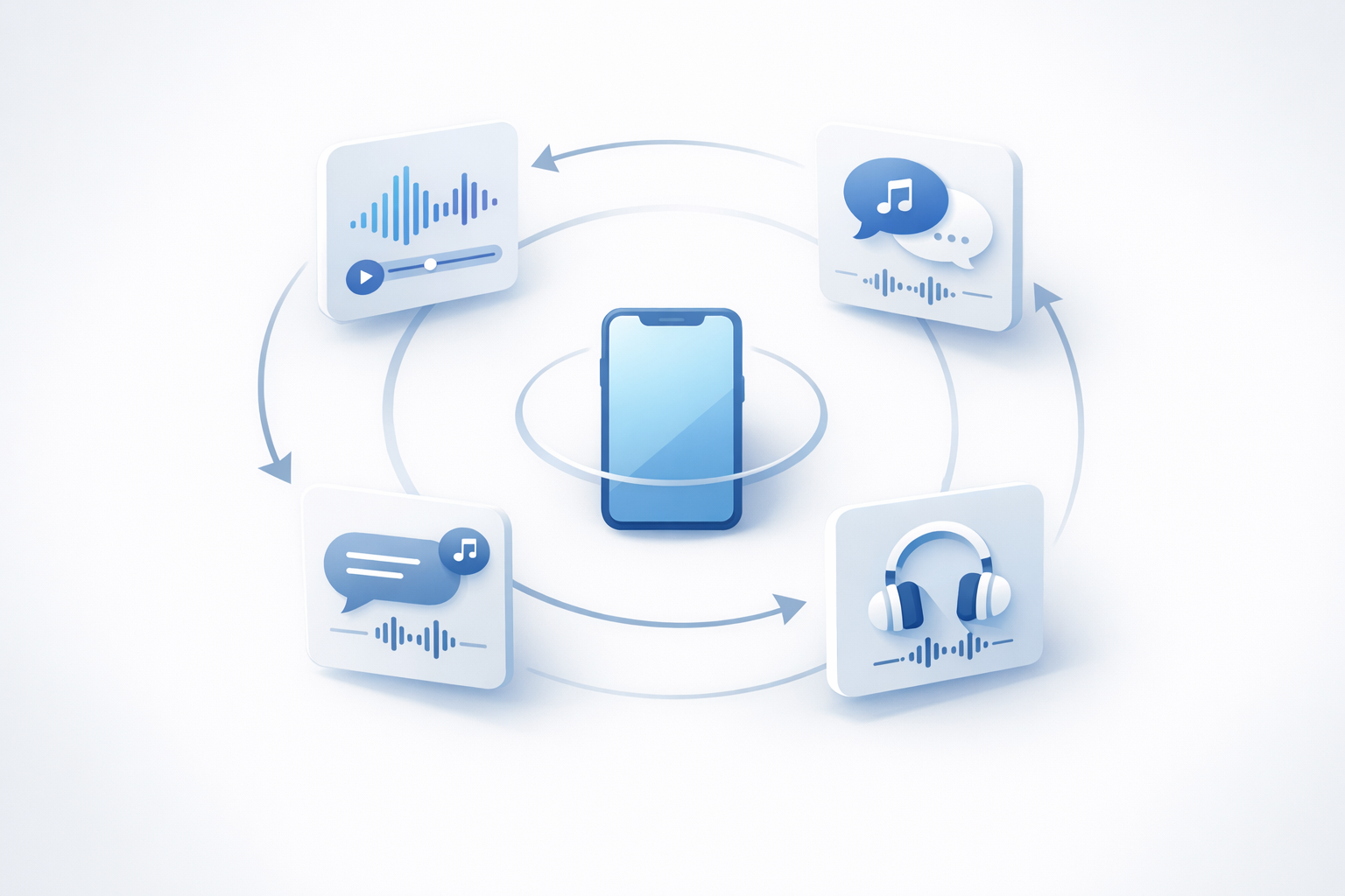 Inline image: conceptual illustration of modular audio clips rotating like cards around a phone icon, neutral background